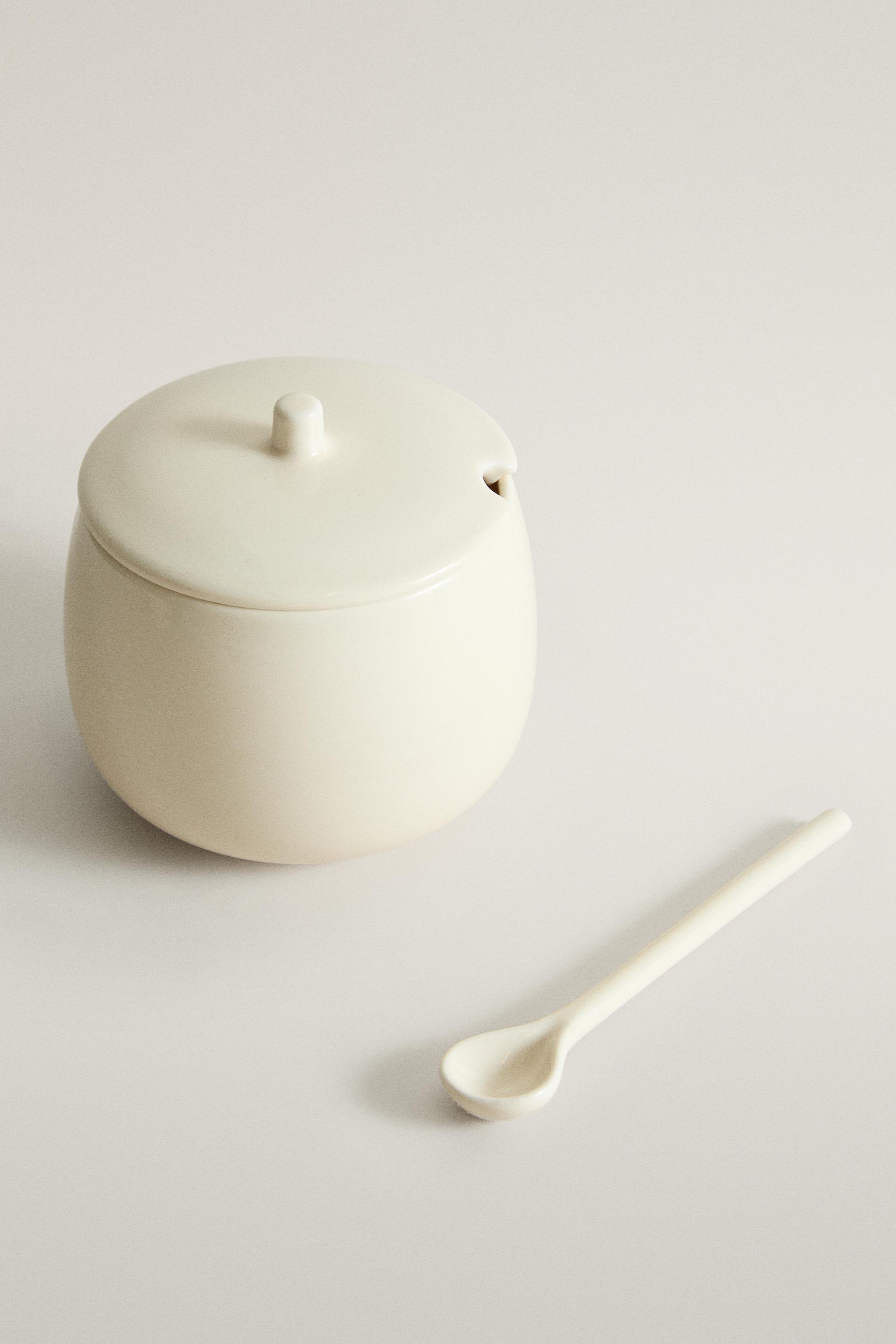 PLAIN STONEWARE SUGAR BOWL WITH SPOON